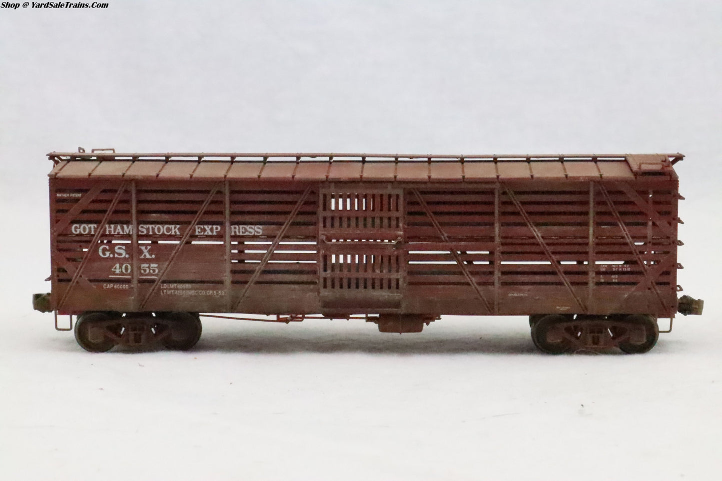 LL-4055 - Mather 40' Double Deck Stock Car - Got Hamstock Express - GSX 4055 - Weathered - Resistor & Metal Wheels - HO Scale - Preowned