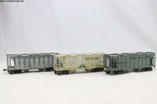 KAT-38-0110 - ACF 70 Ton Covered Hopper (3-Pack) - Rio Grande - D&RGW 18355/8447/18376 - Weathered - Resistor & Metal Wheels - HO Scale - Preowned