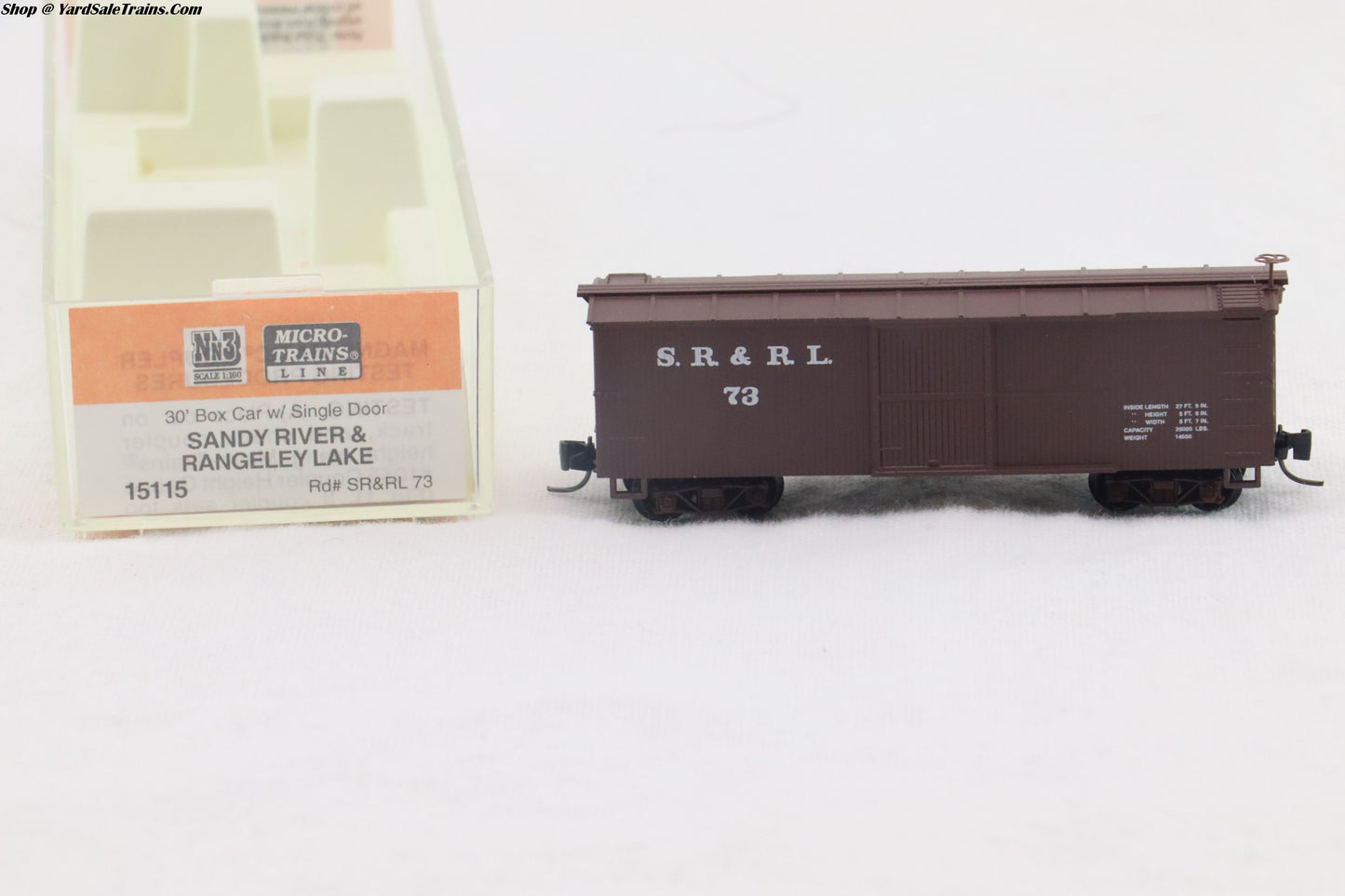 MTL - 15115 - 30' Box Car w/Single Door - Sandy River & Rangeley Lake - SR&RL # 73- Nn3 Scale - Preowned