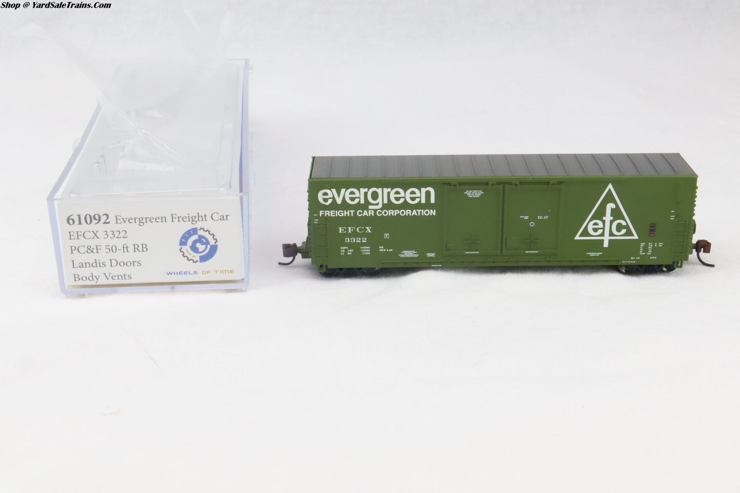 WOT-61092 - PC&F 50-ft RB Landis Doors Boxcar - Evergreen - EFCX #3322 - N-Scale - Preowned