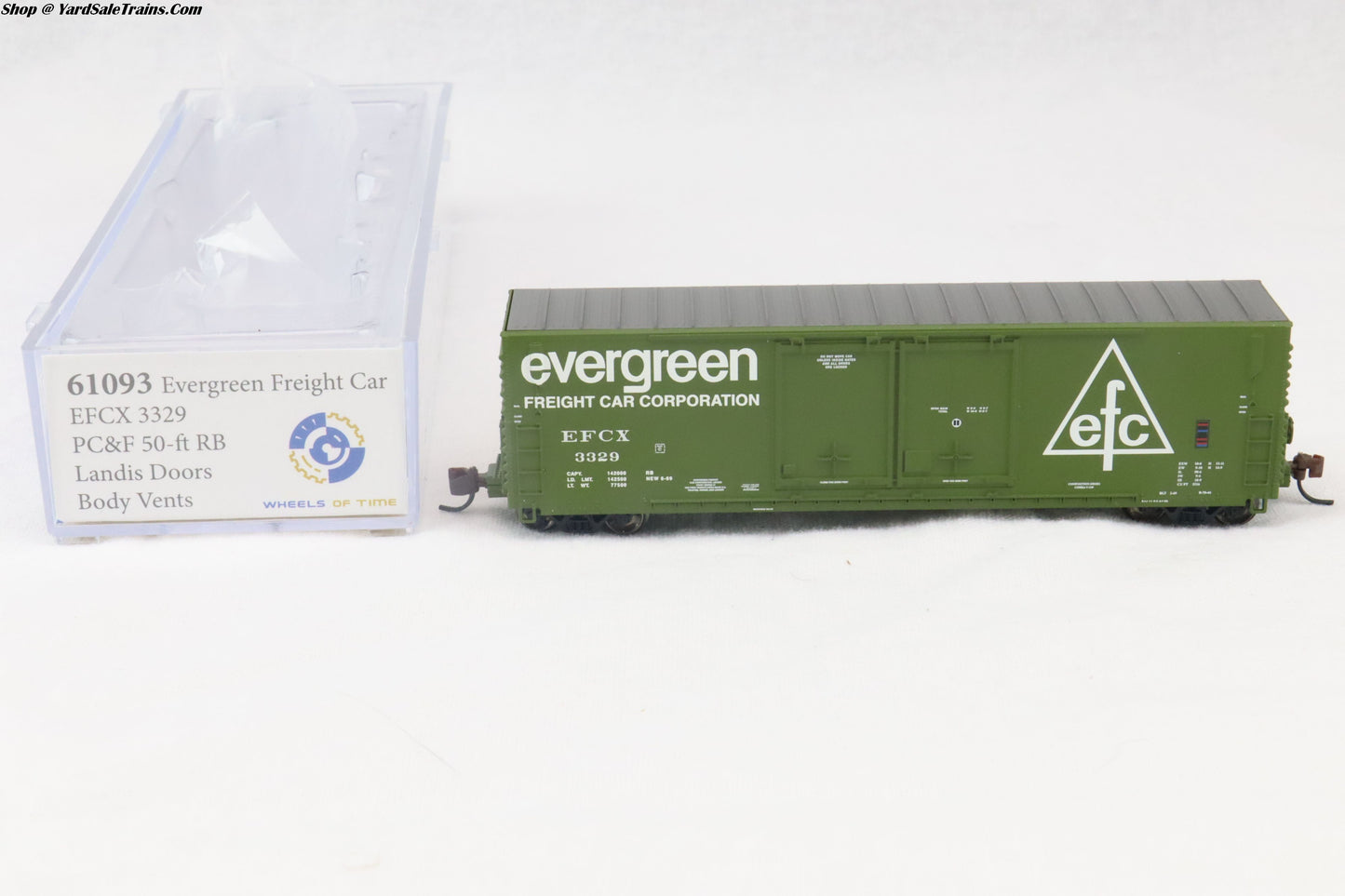 WOT-61093 - PC&F 50-ft RB Landis Doors Boxcar - Evergreen - EFCX #3329 - N-Scale - Preowned