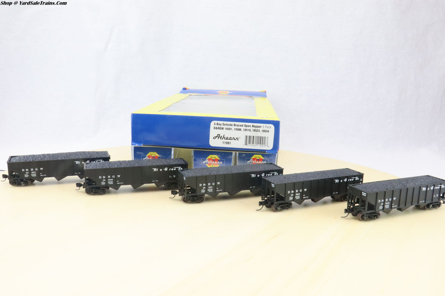 ATH-11991 - 3-Bay Ribbed-Side Open Hopper (5-Pack) - Rio Grande - D&RGW 18506/18523/18501/18510/18534 - N-Scale - Preowned